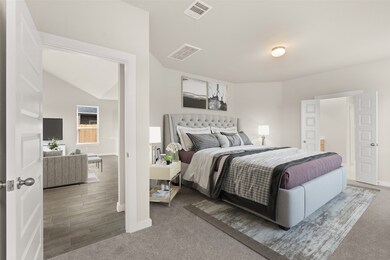 Come and unwind after a long day in this magnificent primary suite! This spacious room features plush carpet, warm paint, high ceilings and large windows.