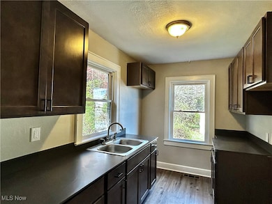 Kitchen with dark countertops, healthy amount of natural light, dark wood-type flooring, and a textured ceiling