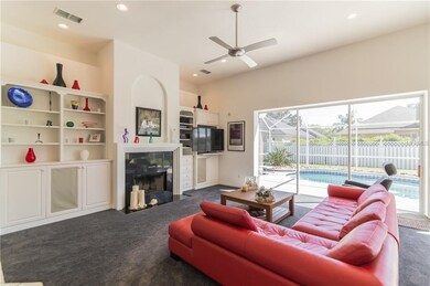 Expansive family room with surround sound speakers