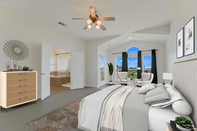 Bedroom with access to outside, lofted ceiling, e
