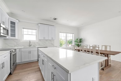 Kitchen with stainless steel appliances, plenty of natural light, light wood-type flooring, ornamental molding, and backsplash