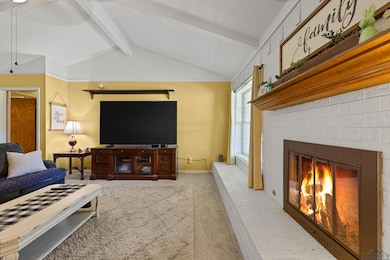 Carpeted living area with a fireplace and baseboar