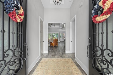 Entrance foyer featuring dark wood-type flooring and baseboards