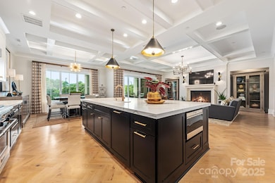 Incredible Herringbone flooring with built-ins on either side of the fireplace