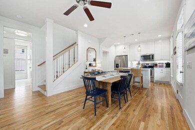 Dining room with light wood-type flooring, ceiling