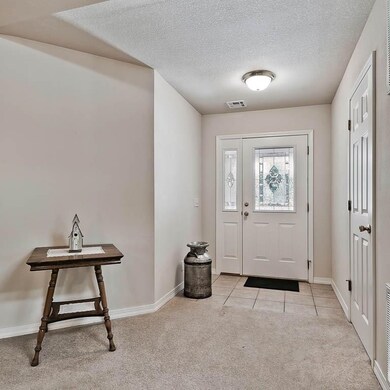 Tiled entryway with beautiful front door will gree