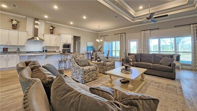 Living area featuring ornamental molding, light wood finished floors, a chandelier, a raised ceiling, and a ceiling fan
