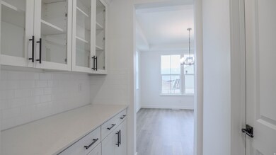 Bar area featuring white cabinetry, light stone counters, glass insert cabinets, and backsplash