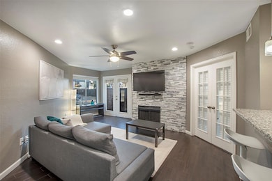 Living room with french doors, dark wood finished 