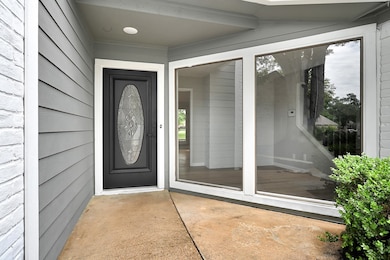 Modern black door and oversized windows bring in n