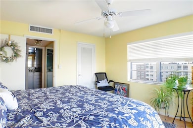 Bedroom featuring ceiling fan and visible vents