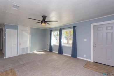 Carpeted entryway with a ceiling fan, crown molding, and wood finished floors