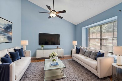 This inviting living room features soaring vaulted