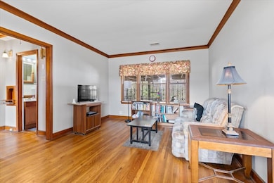 Living area featuring crown molding, light wood-st