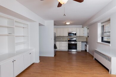 Kitchen featuring white cabinetry, ceiling fan, appliances with stainless steel finishes, decorative backsplash, and radiator heating unit