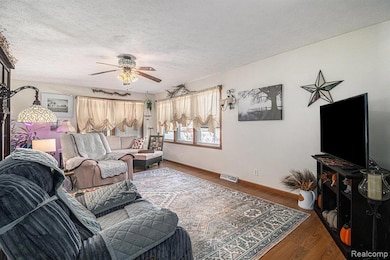 Living room featuring wood finished floors, a textured ceiling, and a ceiling fan