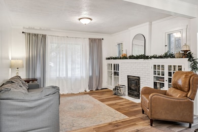Living room with crown molding, a fireplace, and wood finished floors