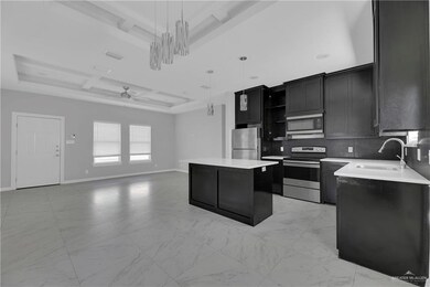 Kitchen featuring stainless steel appliances, a tray ceiling, a kitchen island, and sink