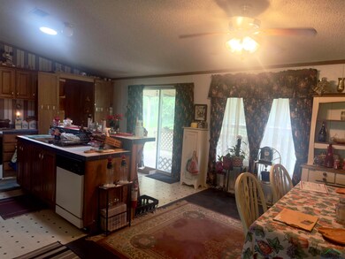 Kitchen featuring dishwasher, a textured ceiling, ceiling fan, light flooring, and lofted ceiling
