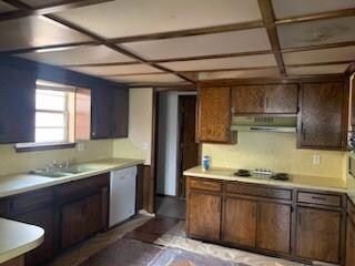 Kitchen featuring white dishwasher, sink, tile flo