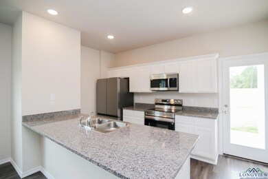 Kitchen featuring stainless steel appliances, a sink, a peninsula, dark wood-type flooring, and white cabinets