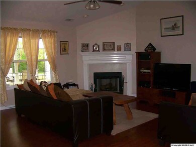 Living room with wood burning fireplace