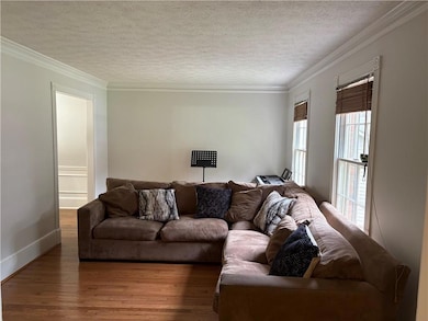 Living room with wood finished floors, crown molding, and a textured ceiling