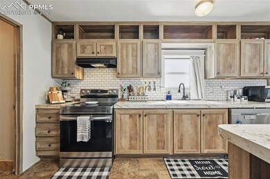 Kitchen featuring stainless steel appliances, under cabinet range hood, a sink, decorative backsplash, and open shelves