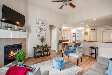 The fireplace provides a cozy ambiance while the r