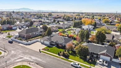 Aerial view of residential area with mountains