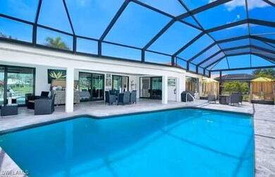 Outdoor pool with an outdoor living space, a patio, a lanai, and outdoor dining area