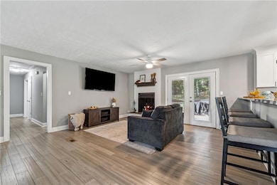 Living room featuring wood finished floors, french doors, ceiling fan, and a fireplace