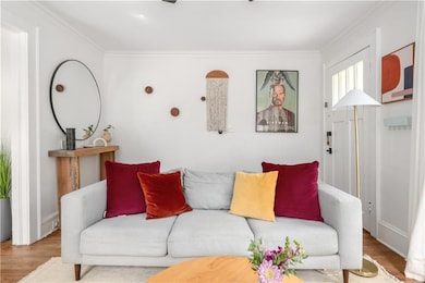 Living room featuring wood finished floors, ornamental molding, and ceiling fan