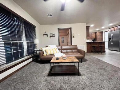 Living room featuring light colored carpet and cei