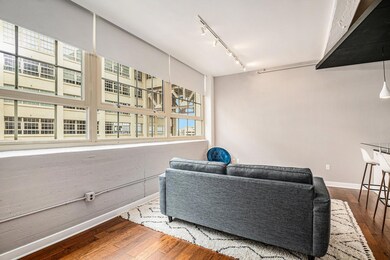 Living area featuring wood-type flooring and track