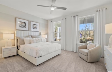 Carpeted bedroom with multiple windows and ceiling fan
