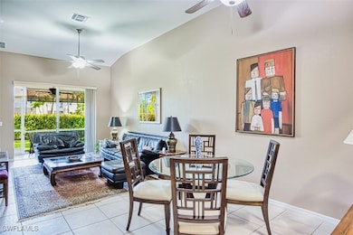 Dining space featuring lofted ceiling, a ceiling f