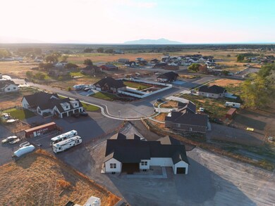 Aerial view of residential area with mountains