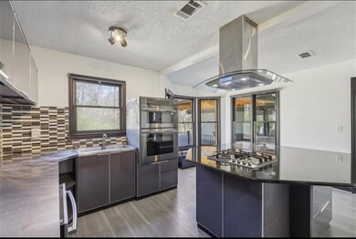 Kitchen featuring stainless steel appliances, visible vents, decorative backsplash, a sink, and island range hood