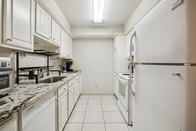 Kitchen with beautiful countertops. Refrigerator i