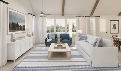 Great room with vaulted ceiling and stained ceiling beams