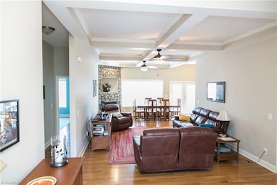 Walk through the front door into this wonderful great room with coffered ceilings and floor to ceiling stone fireplace with gas logs. Plenty of room for everyone to spend time together in this main level space.