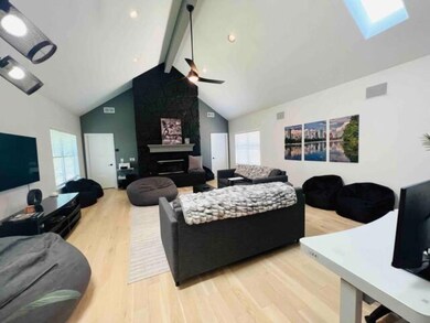 Living room featuring a skylight, light wood-styl