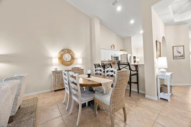 The dining area is part of the open floor plan, wh