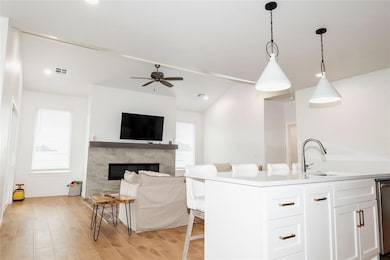 Kitchen featuring a ceiling fan, a premium firepla