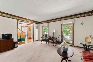 Sitting room with crown molding, a textured ceiling, and carpet