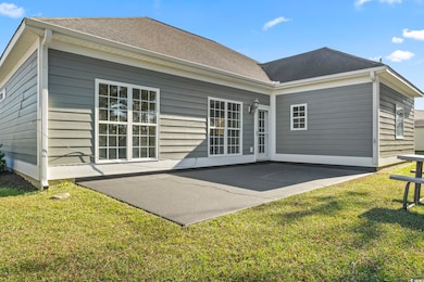 Rear view of house featuring a patio, a lawn, and roof with shingles