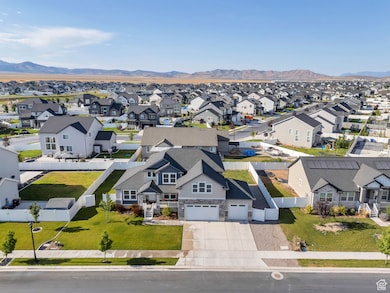 Aerial view of residential area with a mountain backdrop