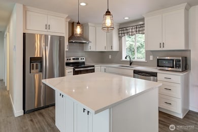 Quartz countertop, white cabinets, commercial style Hood and all stainless-steel appliances stay