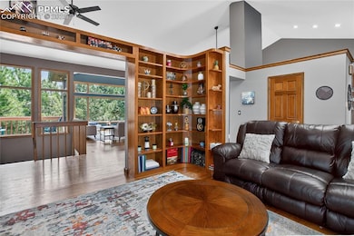 Living room featuring vaulted ceiling, wood finished floors, and ceiling fan